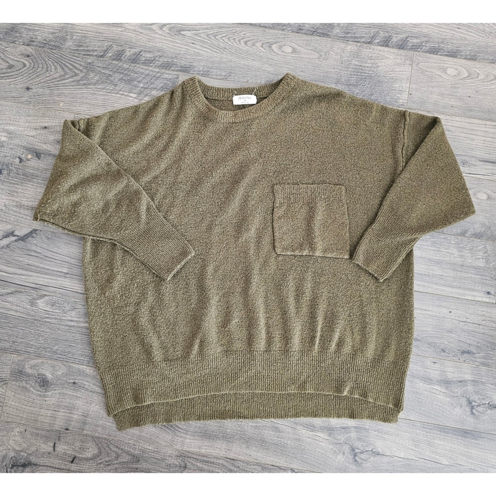 Woman's 1X Olive Green Pullover Sweater Pocket Front Oversized Fall Casual Comfy